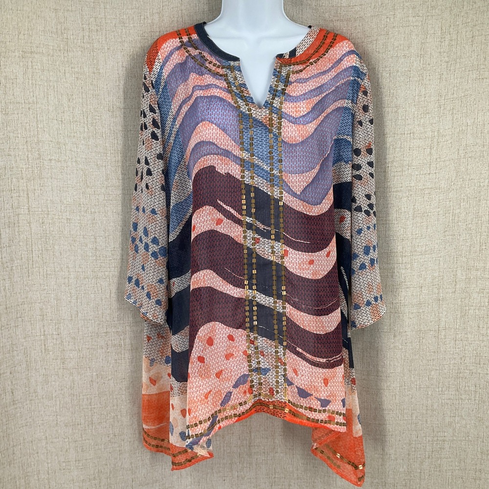 Chico's Tunic Top Women 2 Large Orange Blue Abstract Sequin V-Neck Boho Airy‎